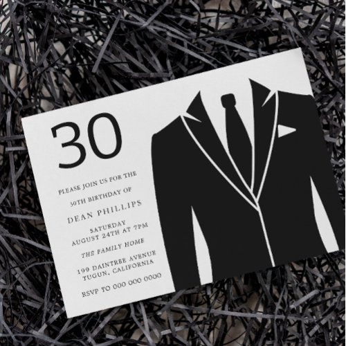 Black Suit  Tie 30th Birthday Party Invitation