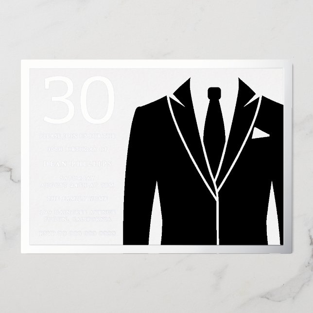 Black Suit & Tie 30th Birthday Party Silver Foil Invitation (Front)