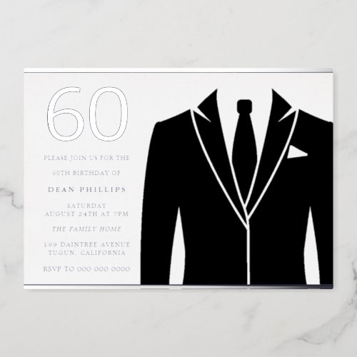 Black Suit  Tie 60th Birthday Party Real Silver Foil Invitation