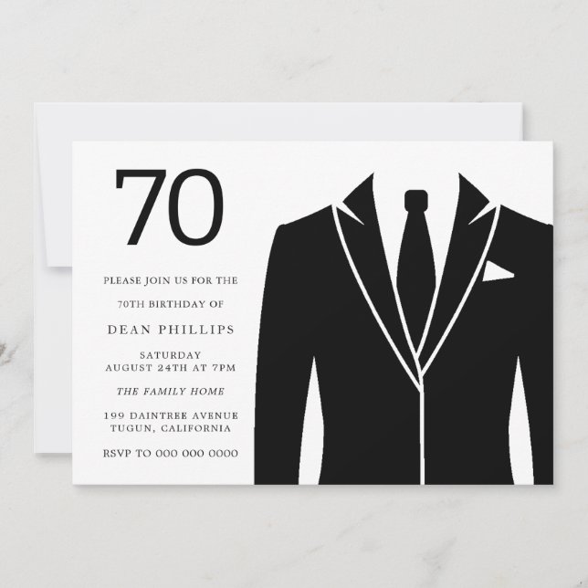 Black Suit & Tie 70th Birthday Party Invitation (Front)
