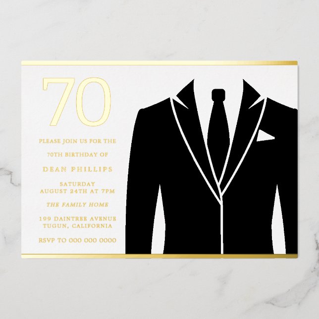 Black Suit & Tie 70th Birthday Party Real Gold Foil Invitation (Front)