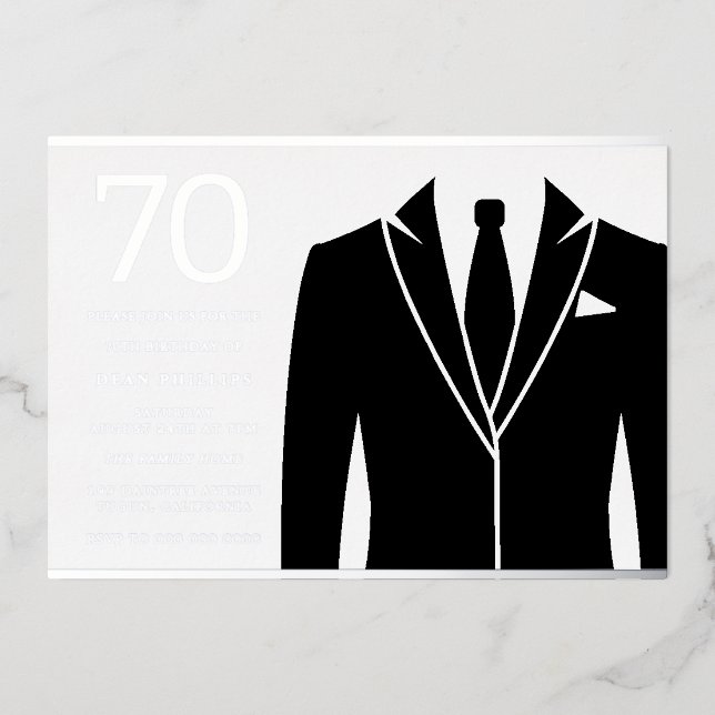 Black Suit & Tie 70th Birthday Party Real Silver Foil Invitation (Front)