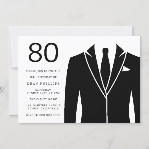 Black Suit  Tie 80th Birthday Party Invitation