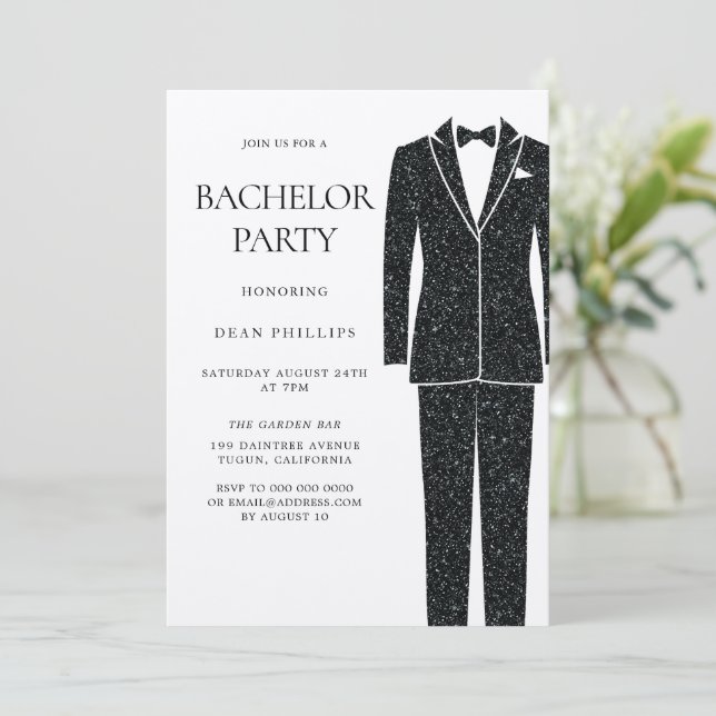 Black Suit & Tie Champagne Shimmer Bachelor Party Invitation (Standing Front)