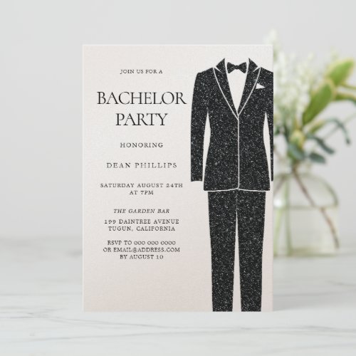 Black Suit  Tie Champagne Shimmer Bachelor Party Invitation