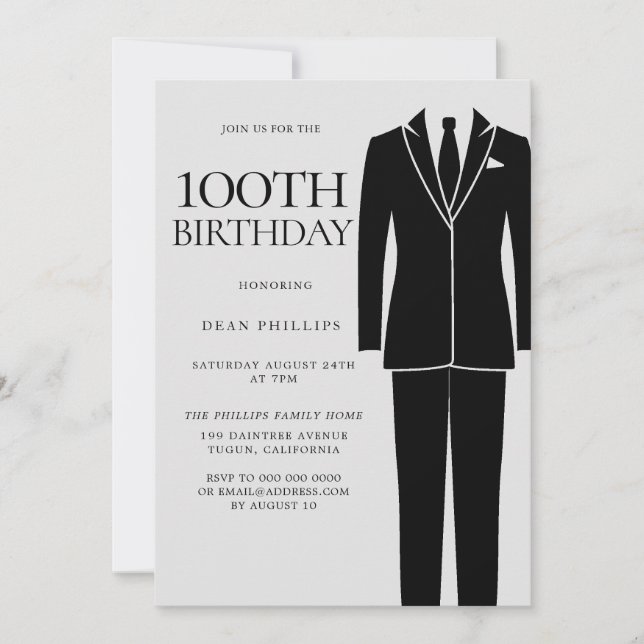 Black Suit & Tie Mens 100th Birthday Party Invitation (Front)