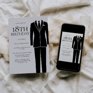 Black Suit & Tie Mens 18th Birthday Party Invitation
