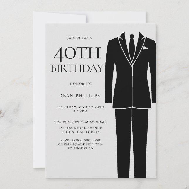 Black Suit & Tie Mens 40th Birthday Party Invitation (Front)