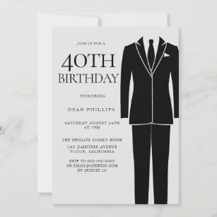 Black Suit & Tie Mens 40th Birthday Party Invitation