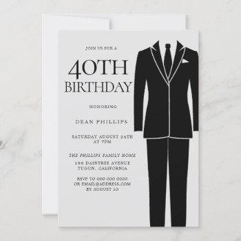 Black Suit & Tie Mens 40th Birthday Party Invitation by Nicheandnest at Zazzle