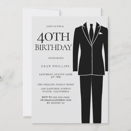 Black Suit  Tie Mens 40th Birthday Party Invitation