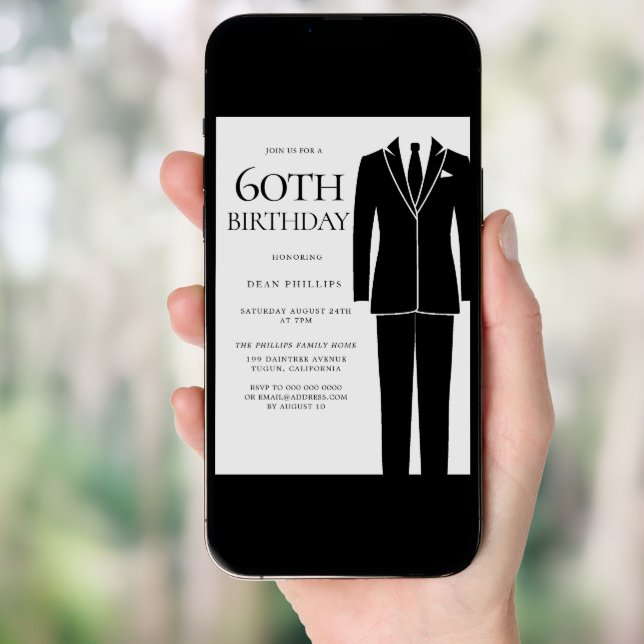Black Suit & Tie Mens 60th Birthday Party Invitation (Front Digital)