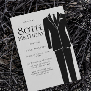 Black Suit & Tie Mens 80th Birthday Party Invitation