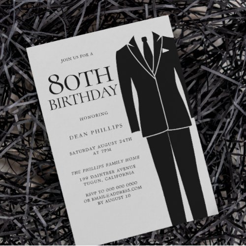 Black Suit  Tie Mens 80th Birthday Party Invitation