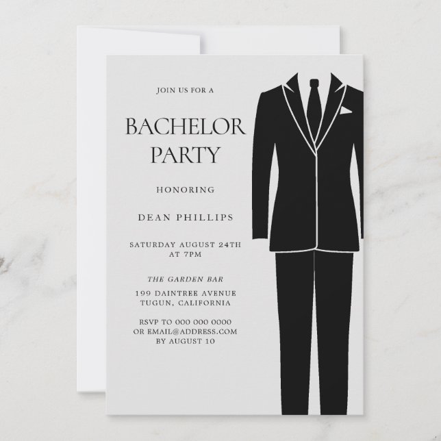 Black Suit & Tie Mens Bachelor Party Invitation (Front)