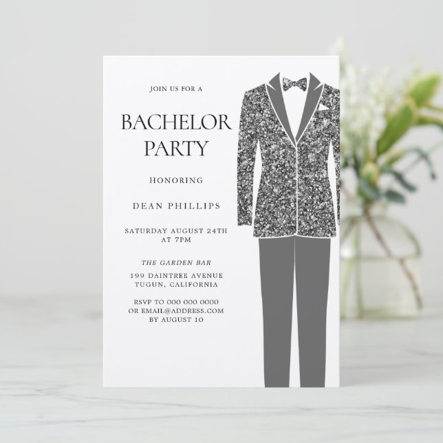 Black Suit & Tie Vintage Bachelor Party Invitation (Standing Front)
