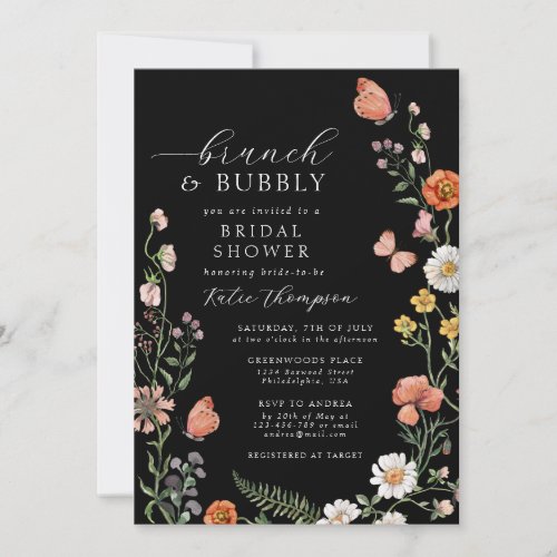 Black Summer Boho Wildflower Brunch Bridal Shower Invitation