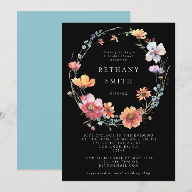 Black Summer Wildflower Bridal Shower Invitation (Front/Back)