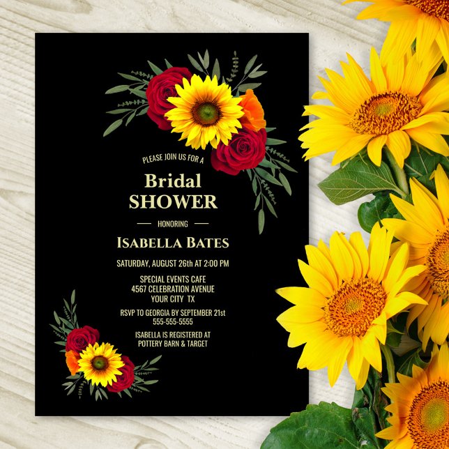 Black Sunflower Burgundy Rose Bridal Shower Invitation (Creator Uploaded)