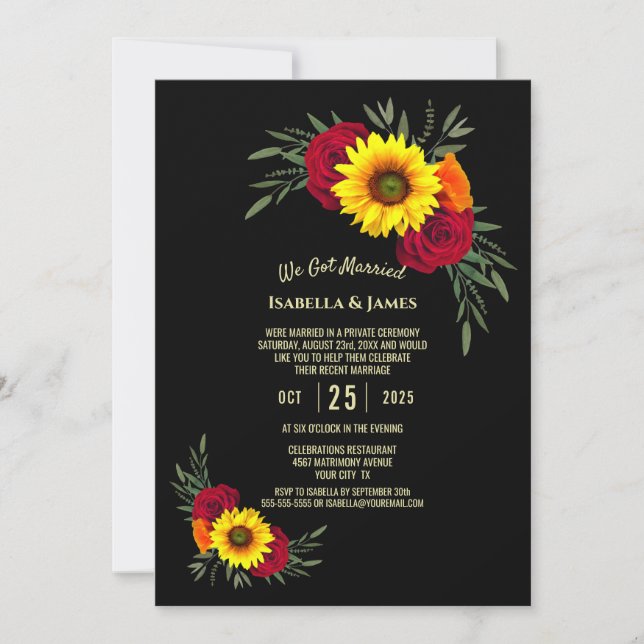 Black Sunflower Burgundy Rose Wedding Reception Invitation (Front)