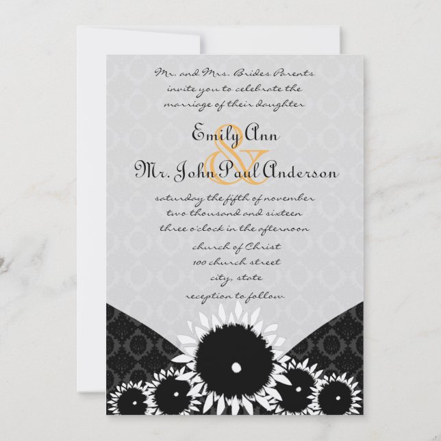 Black Sunflower Damask Wedding Invitations (Back)
