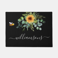 Black sunflower eucalyptus bee name script doormat