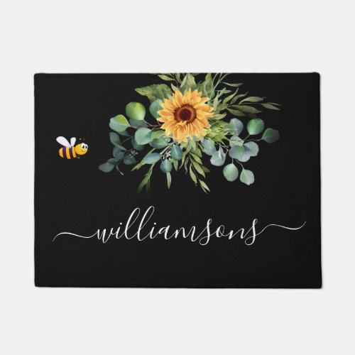 Black sunflower eucalyptus bee name script doormat