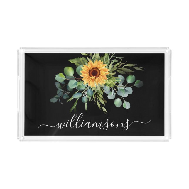 Black sunflower eucalyptus greenery name script acrylic tray (Front)