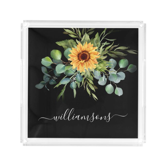 Black sunflower eucalyptus greenery name script acrylic tray (Front)