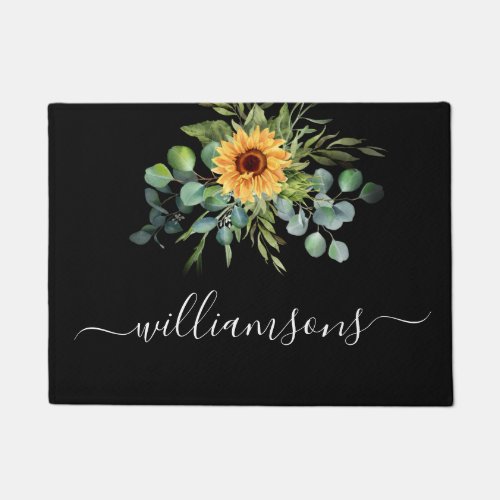 Black sunflower eucalyptus greenery name script doormat