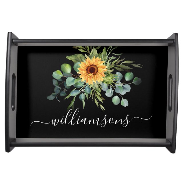 Black sunflower eucalyptus greenery name script serving tray (Front)