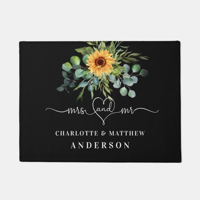 Black sunflower eucalyptus greenery names mr mrs doormat (Front)