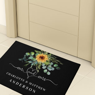 Black sunflower eucalyptus greenery names mr mrs doormat