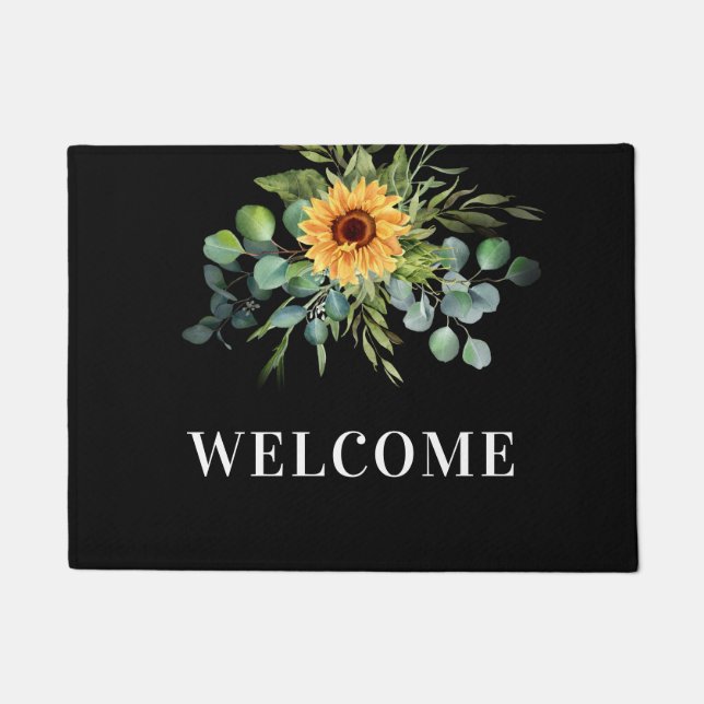 Black sunflower eucalyptus greenery welcome doormat (Front)