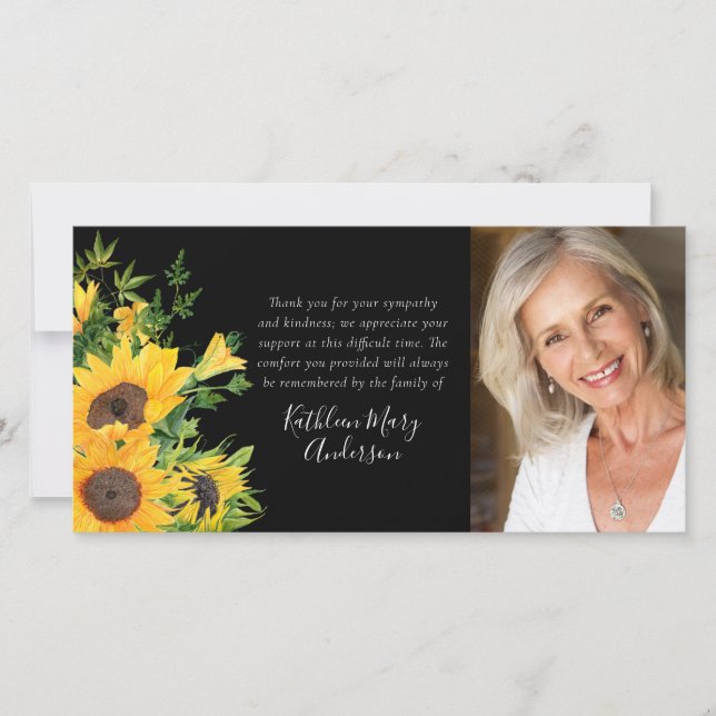 Black Sunflower Photo Funeral Thank You Card (Front)
