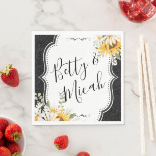 Black Sunflowers Daisy Glitter Summer Wedding Napkins