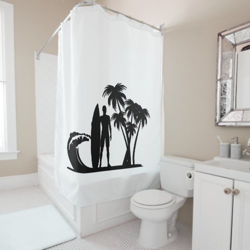 Black Surfer_ Palm Trees Shower Curtain