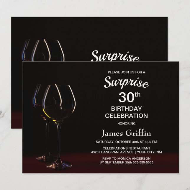 Black Surprise 30th Birthday Wine Glass Party Invitation (Front/Back)