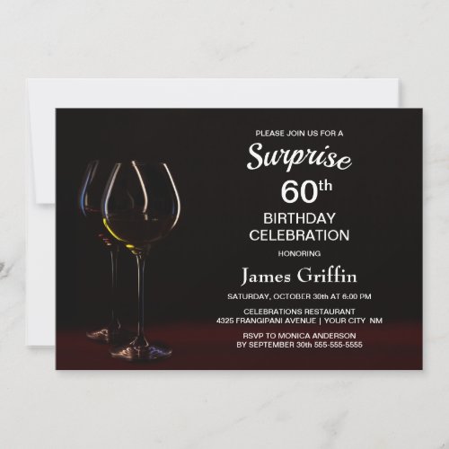 Black Surprise 60th Birthday Wine Glass Party Invitation