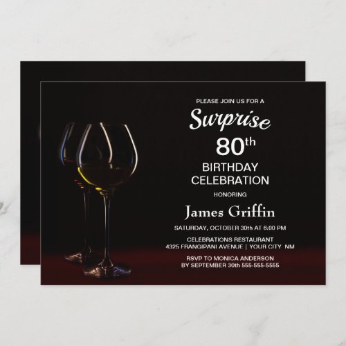 Black Surprise 80th Birthday Wine Glass Party Invitation