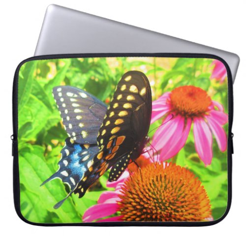 Black Swallowtail Butterfly Pink Echinacea Flowers Laptop Sleeve
