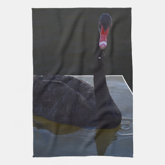 Black Swan Swimming In Dimensional Pond, Tea Towel (Vertical)