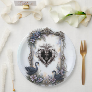 Black Swan Wedding Frame – Gothic Romance Love Paper Plates