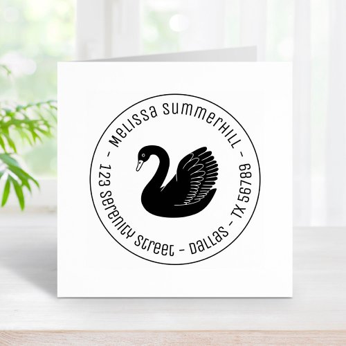 Black Swan Wings up Round Address Rubber Stamp