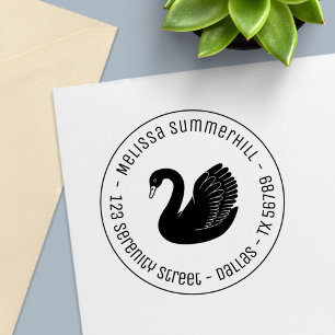 Black Swan Wings up Round Address Self-inking Stamp