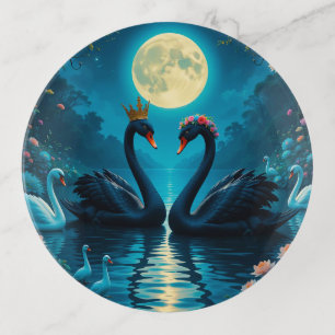 Black Swans Full Moon Reflection Dark Lake ✨ Trinket Tray