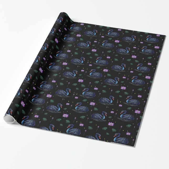 Black Swans in Lily Pond Pattern Wrapping Paper (Unrolled)