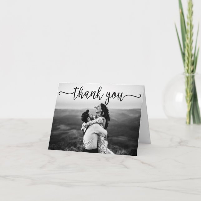 Black Swash Script Photo Wedding Thank You (Front)