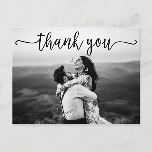 Black Swash Script Photo Wedding Thank You Postcard (Front)