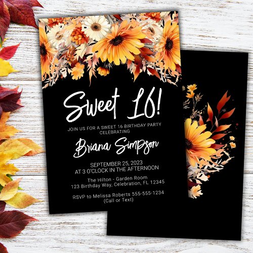 Black Sweet 16 Birthday Fall Floral Invitation